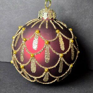 Frontgate Burgundy Glass Christmas Ornament 4" Gold Glitter Beaded Scallop